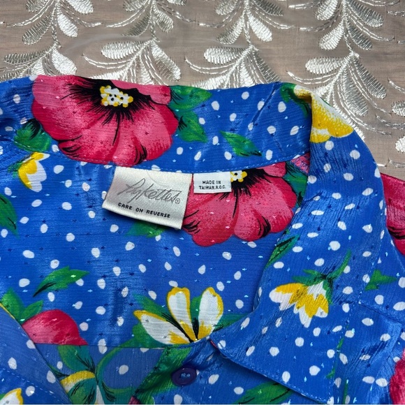 Vintage Floral Polka Dot Blue Hawaiian Shirt -Size M -TP04 - Picture 6 of 9